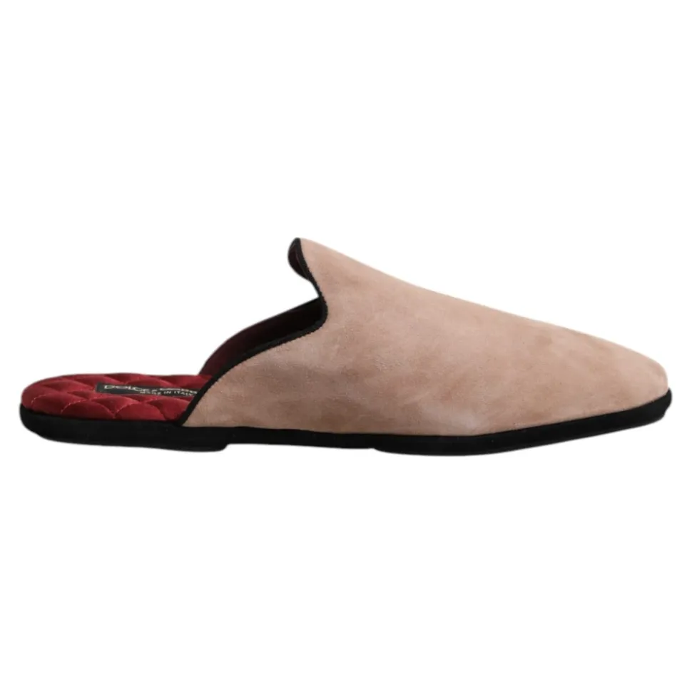 Beige Semsket Skinn Slides Flate Sko