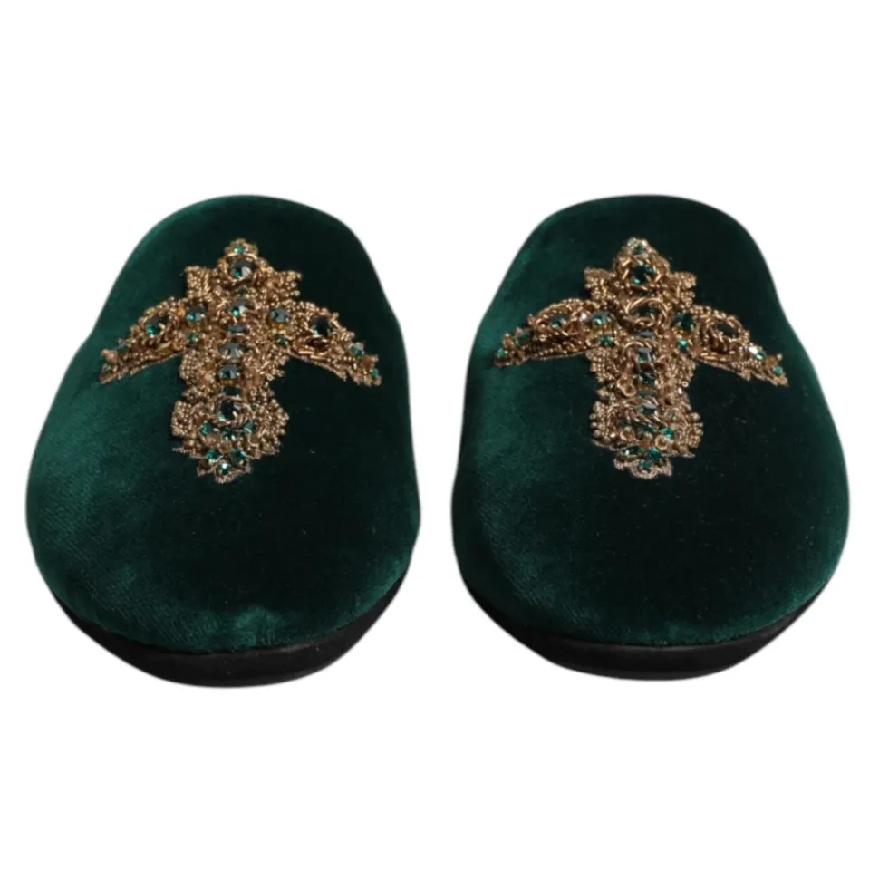 Grønn Velvet Cross Embellished Slippers