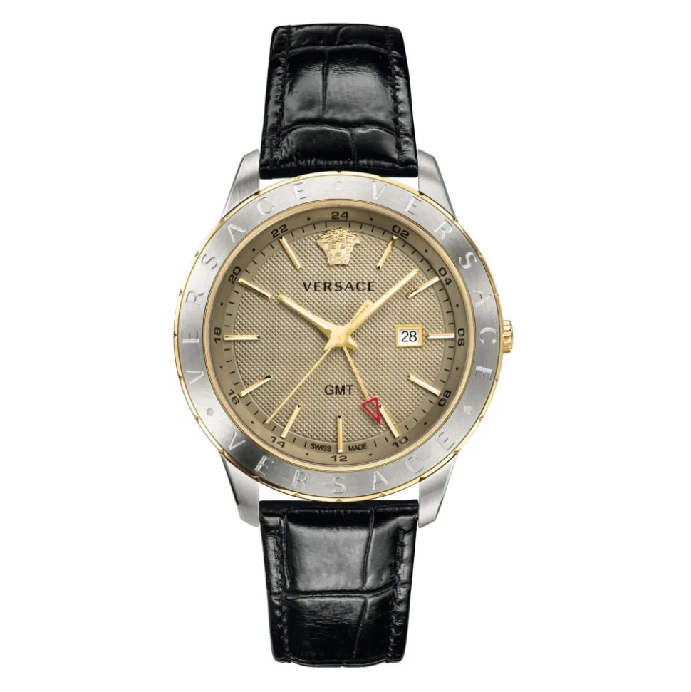 Herreklokke Svart Lær Gull Sølv GMT