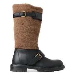 Luksus Shearling Lær Lange Støvler