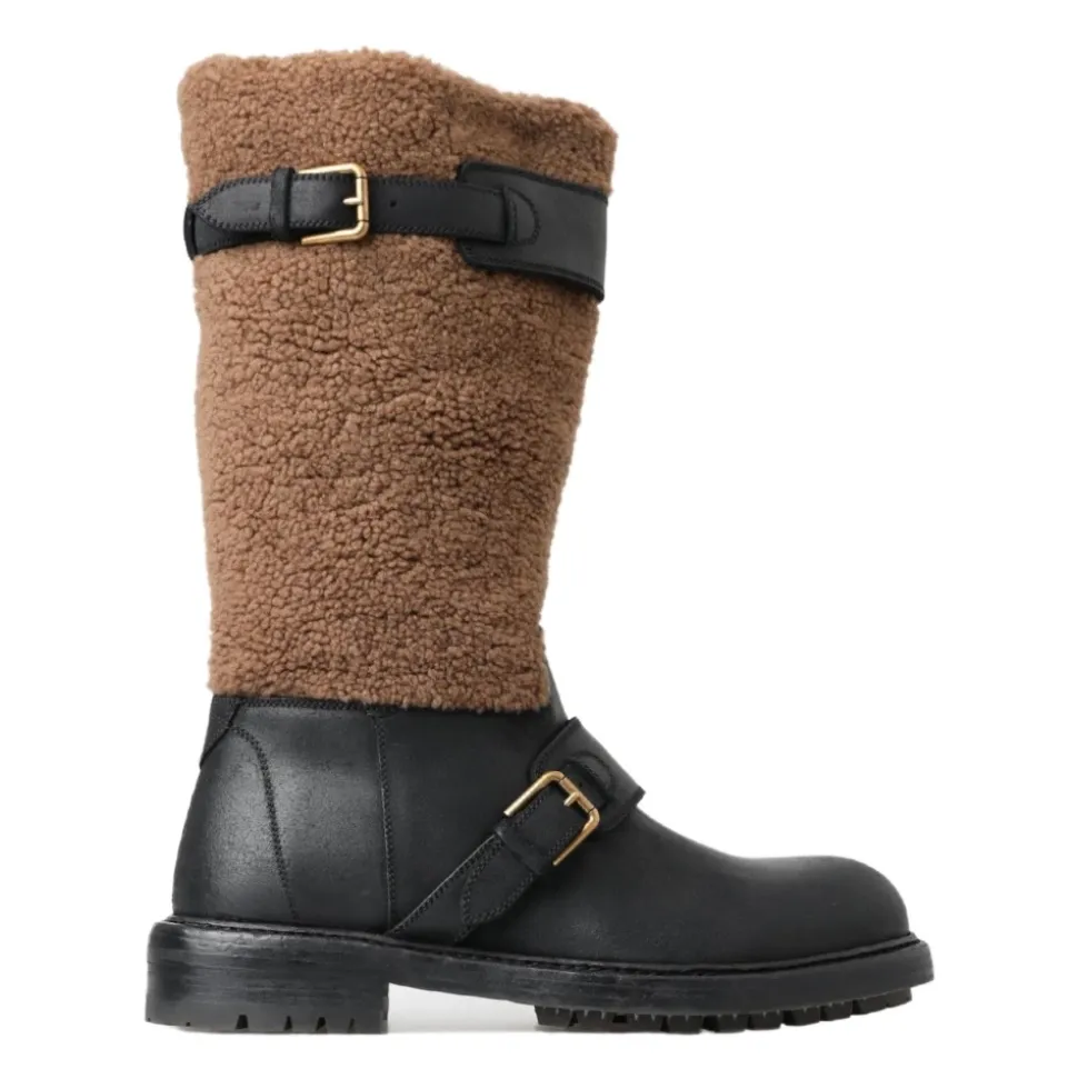 Luksus Shearling Lær Lange Støvler