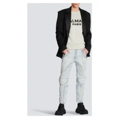 Ribbestrikkede slim-fit jeans i bomull