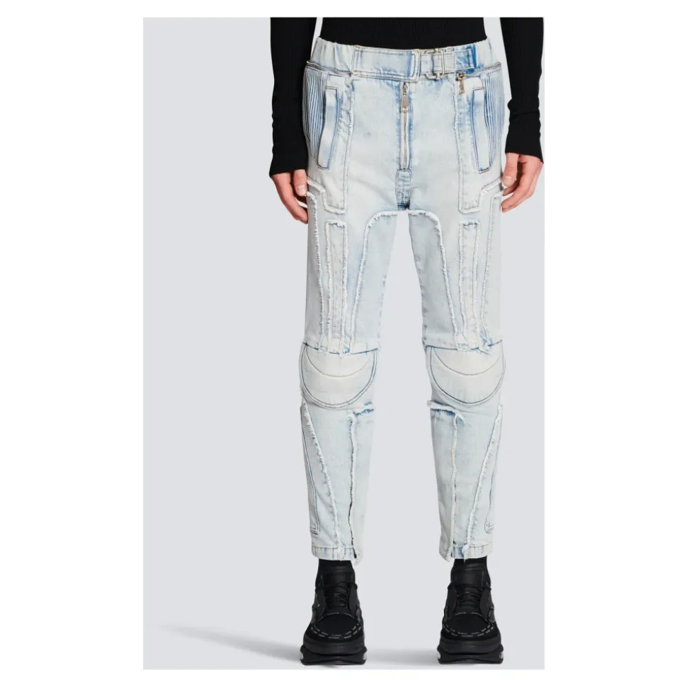 Ribbestrikkede slim-fit jeans i bomull