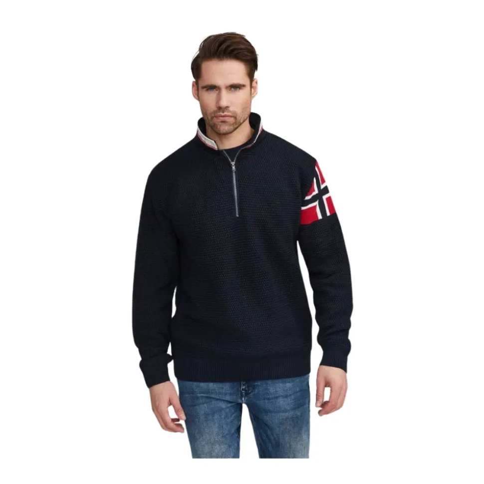Vindtett Halfzip Genser med Flaggdetalj - Marineblå