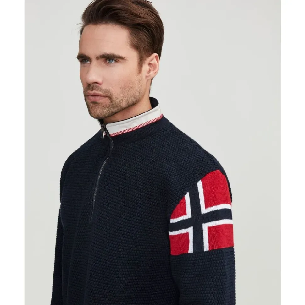 Vindtett Halfzip Genser med Flaggdetalj - Marineblå